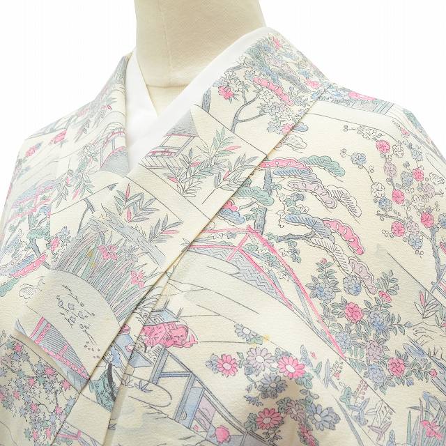 【30%OFF★在庫復活】 小紋 着物 リサイクル 正絹 縮緬 こもん 風景文様 裄62cm ベージュ系 裄Sサイズ 身丈Sサイズ jj2104c【中古】【着物ひととき】