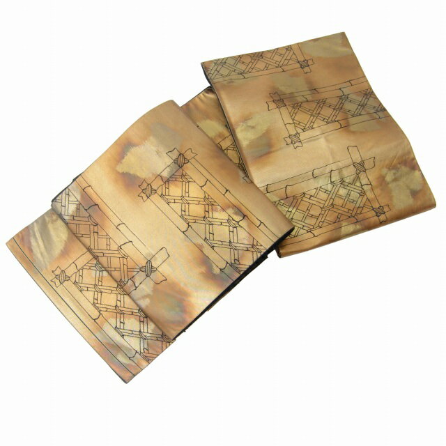 【中古】 リサイクル帯 袋帯 / 仕立て上がり 正絹 結婚式 錦織 竹垣文様 金系 jj2693b 【着物ひととき】