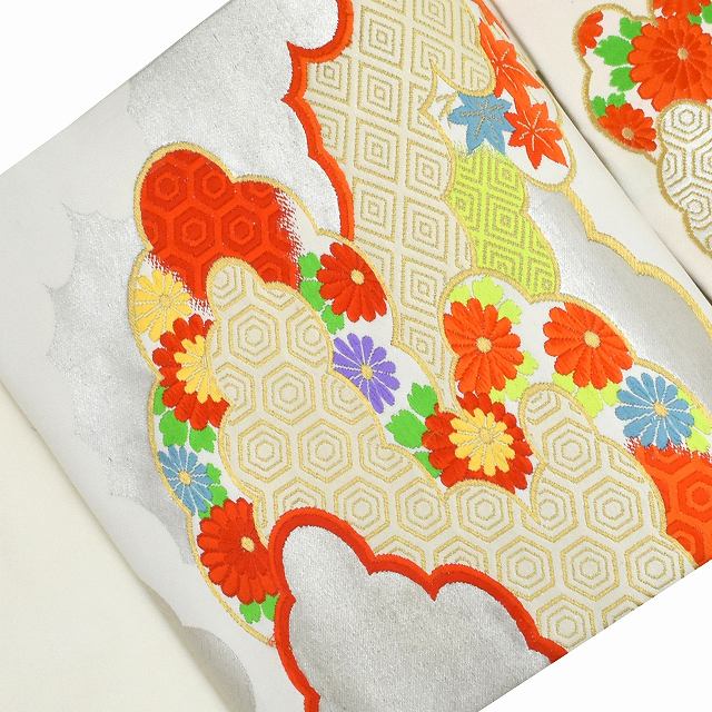 Rakuten - ＼P5倍+1000円OFFクーポン／ 名古屋帯 リサイクル 仕立て上がり 正絹 九寸 なごやおび 花文様 白系 ll0983c【中古】【着物ひととき】