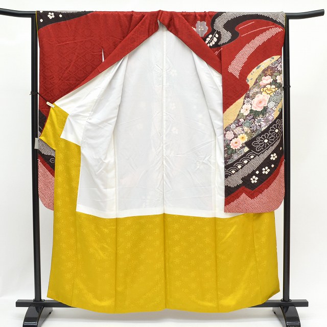 【P10倍】【30%OFF★在庫復活】【中古】 リサイクル着物 振袖 中古 正絹 帯 長襦袢 帯揚げ 帯締め 重ね衿 6点セット 成人式 結婚式 西陣織証紙番号2409号酒井守謹製 裄72cmL 身丈169cmLL ちょっとふくよかL 黒色系 ★★★★★ mm1644b 【着物ひととき】