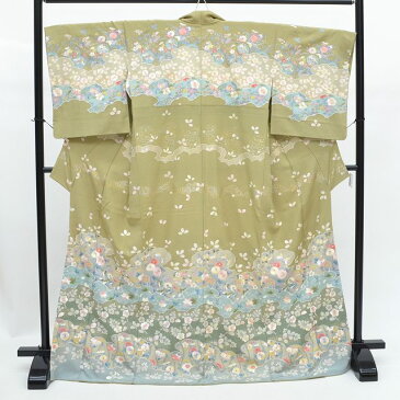 【中古30%OFF】【中古】 リサイクル 訪問着 中古 着物 リサイクル訪問着 正絹 仕立て上がり リサイクル着物 刺繍 袷 裄68cmL 身丈165cmL ちょっとふくよかL 緑色系 花文様 特選逸品★★★★★ mm1521b 【着物ひととき】