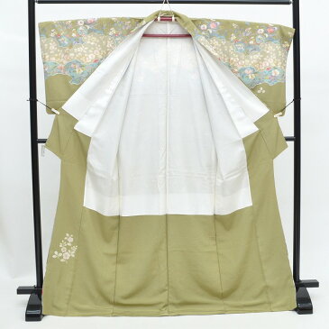 【中古30%OFF】【中古】 リサイクル 訪問着 中古 着物 リサイクル訪問着 正絹 仕立て上がり リサイクル着物 刺繍 袷 裄68cmL 身丈165cmL ちょっとふくよかL 緑色系 花文様 特選逸品★★★★★ mm1521b 【着物ひととき】