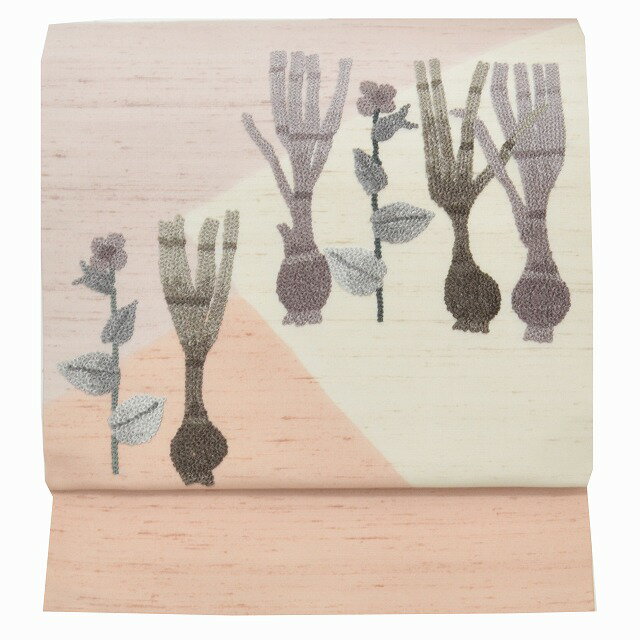 樂天商城 - ＼クーポン利用で最大15%OFF+P5倍／ 名古屋帯 リサイクル帯 仕立て上がり 正絹 九寸 刺繍 紬地 ピンク系 草花文様 特品★★★★ 【中古】 【着物ひととき】 pp1058b