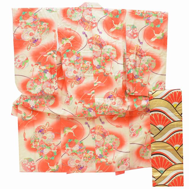 Rakuten - 【P5倍】【30%OFF★在庫復活】七五三 女の子 7歳 中古 着物 帯 2点セット 正絹 753 リサイクル 白、赤系 鶴、鼓、花文様 【中古】 【着物ひととき】 pp1410b