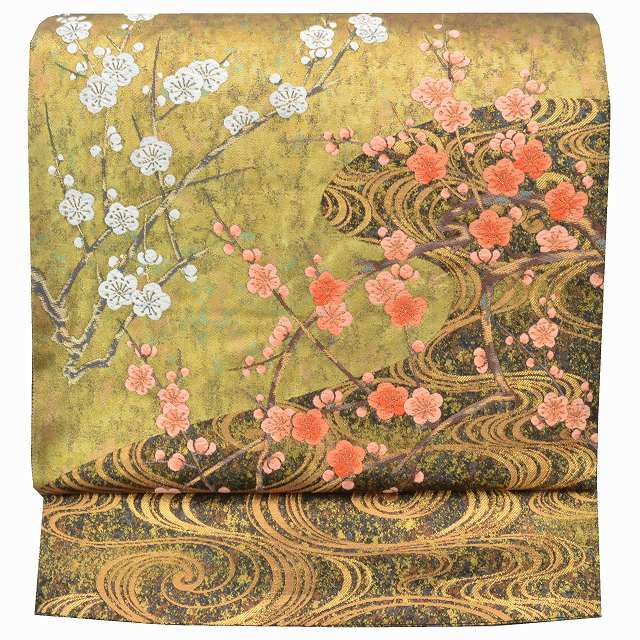 Rakuten - 【P5倍】【30%OFF★在庫復活】リサイクル 袋帯 正絹 仕立て上がり リサイクル帯 振袖用 ふくろおび 波 海文様 黒 金色系 琳派 pp2154b 【中古】【着物ひととき】