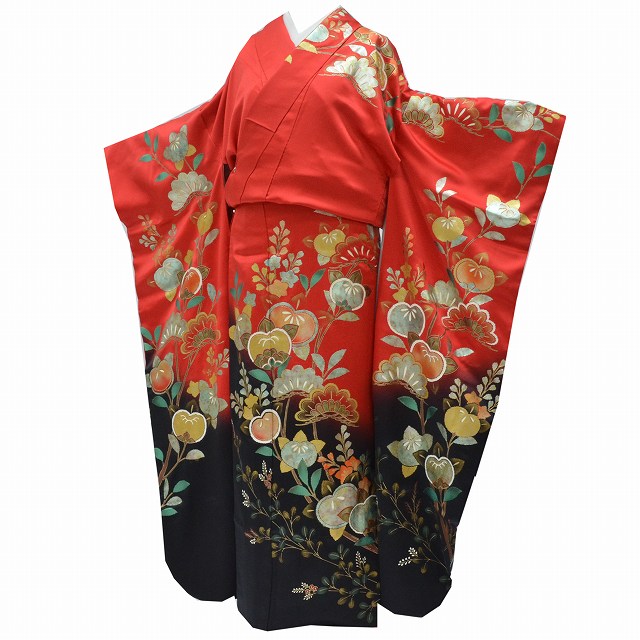Rakuten - 【30%OFF★在庫復活】振袖 ヴィンテージ振袖 単品 リサイクル着物 正絹 仕立て上がり レトロ 成人式 結婚式 ビンテージ振袖 身丈 170cm 裄 68cm LL 赤 黒色系 橘文様 特品★★★★ 【中古】 【着物ひととき】 qq2323b