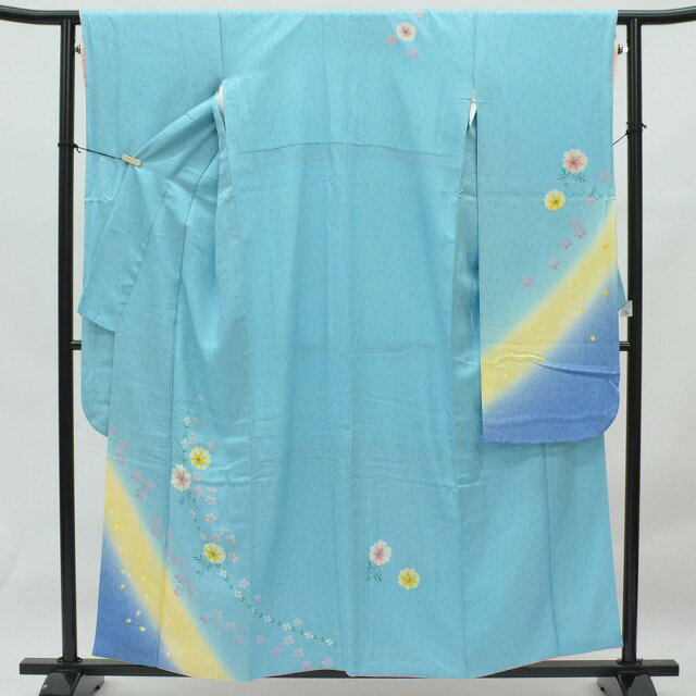 【中古】 リサイクル着物 身丈169.5cm 裄丈67cm 振袖 ヴィンテージ振袖 単品 正絹 仕立て上がり 成人式 結婚式 縮緬 ビンテージ振袖トールサイズ ちょっとふくよかL 青系 花文様 良品 着物 中古 帯 リサイクル