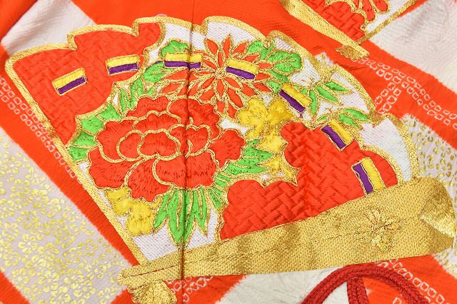 【中20】七五三 女の子 7歳 着物 帯 長襦袢 3点セット 正絹 753 リサイクル 金駒刺繍 絞り 赤系 扇文様 rr0844b 【中古】 【着物ひととき】