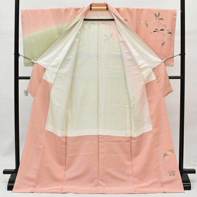 【中20】訪問着 リサイクル着物 正絹 仕立て上がり 袷 加賀友禅 落款有 身丈 165cm 裄 66.5cm L ちょっとふくよかL ピンク 緑系 花文様 特品★★★★ rr0931b 【中古】 【着物ひととき】