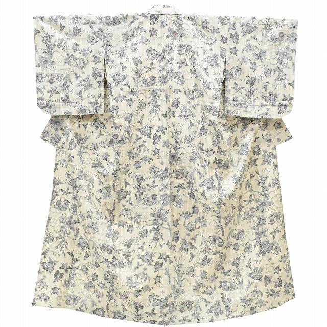 【P5倍】【30%OFF★在庫復活】 リサイクル着物 紬 単衣 正絹 仕立て上がり 身丈151.5cm 裄64cm S 白系 流水 草花文様 良品★★★ rr1007b 【中古】【r26】