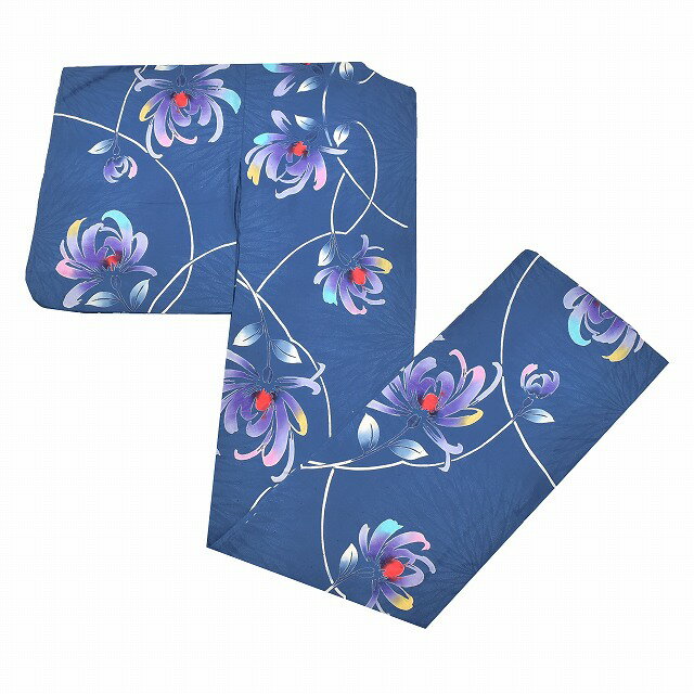 【中古】 浴衣 単品 レディース 夏物 リサイクル着物 綿 コーマ地 注染染め 夏祭り 花火大会 身丈156.8cm Mサイズ 裄丈63.3cm 紺色系 花文様...