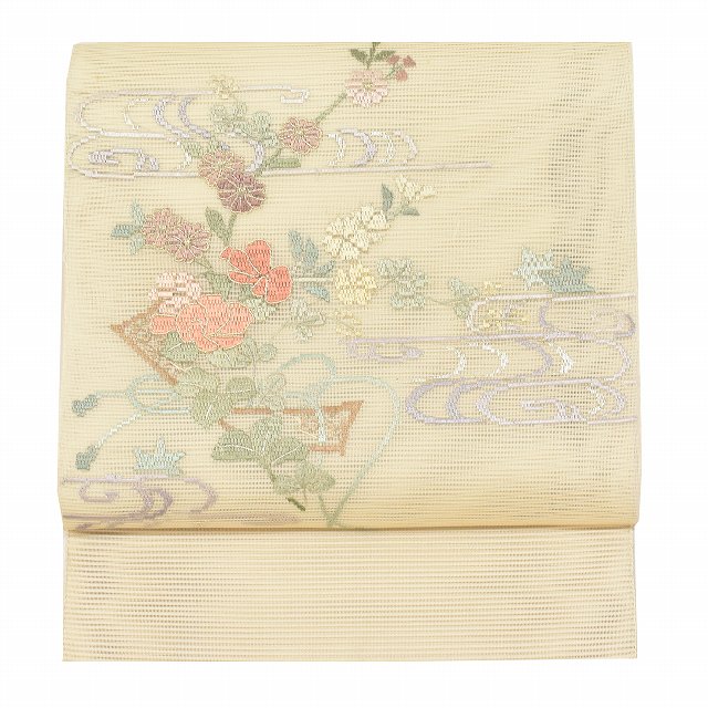 【中古】 名古屋帯 中古 夏 夏帯 正絹 八寸 仕立て上がり 絽綴れ 刺繍 訪問着 付下げ 色無地 着物 ベージュ色系 ヱ霞 花文様 特品★★★★ [ 和服 入学式 卒業式 母 結婚式 お宮参り アウトレット きもの kimono 着物ひととき] ss0543b