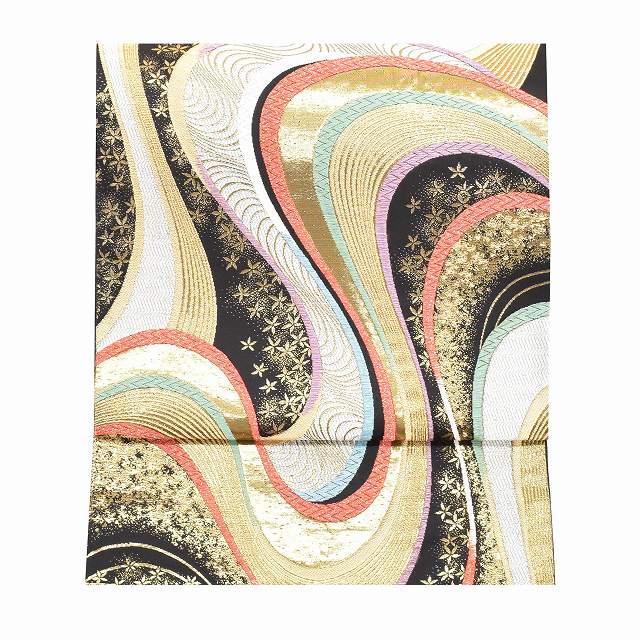 袋帯 リサイクル 正絹 フォーマル 礼装用 黒 白 黒留袖 カジュアル 仕立て上がり 黒色系 流水文様 六通柄 引箔 金糸 ss1206b 【 送料無料 リユース 和服 結婚式 お祝い お茶会 パーティー 入学式 卒業式 お茶会 お茶席 茶道 着物 帯 kimono 通販 】