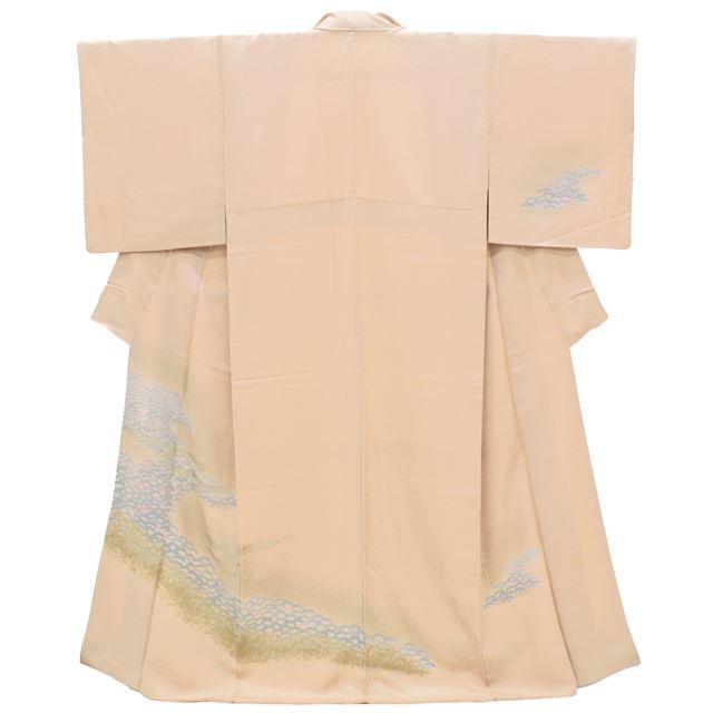 訪問着 リサイクル 着物 中古 付下げ 正絹 仕立て上がり 裄63.7cm 身丈157.5cm M 茶色系 松文様 京友禅 金彩 袷 【 和服 入学式 卒業式 お茶会 お茶席 茶道 結婚式 お宮参り 送料無料 アウトレット 】 ss1537b