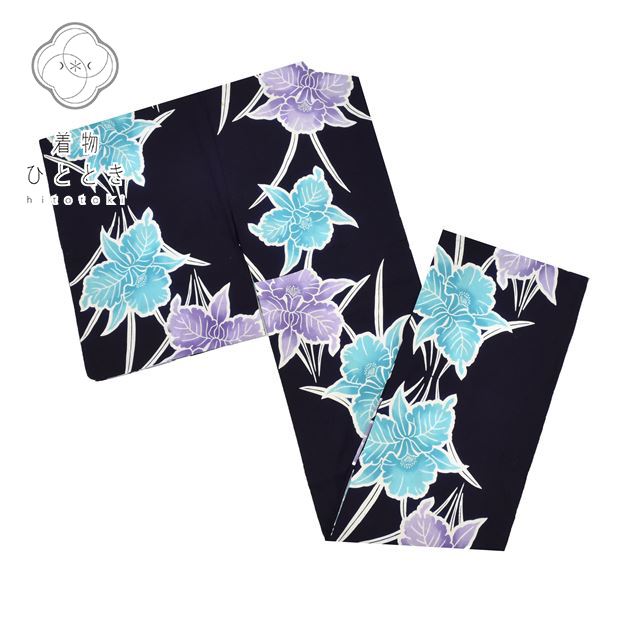 【中古】 浴衣 単品 木綿 リサイクル浴衣 レディース 裄63cm 身丈145cm SS 紺色系 ハイビスカス文様 コーマ地 注染染め tt0314b [ 着物...