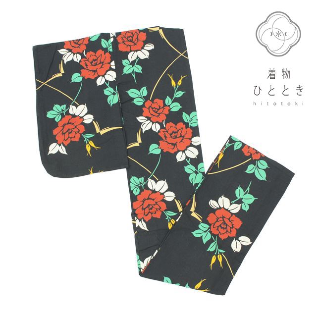 【中古】 浴衣 単品 木綿 リサイクル浴衣 レディース 裄61.5cm 身丈156.5cm M 黒色系 バラ文様 コーマ地 平織り 注染染め tt0410b 【 着物 中古 帯 リサイクル 振袖 浴衣 袴 和服 古着 】