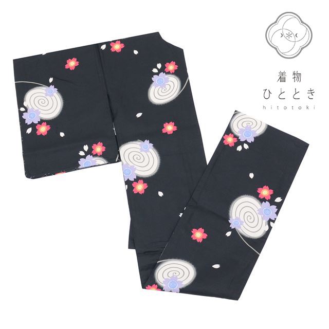 【中古】 浴衣 単品 木綿 リサイクル浴衣 レディース 美品 未使用品 裄67cm 身丈163cm L 黒色系 桜 渦巻き文様 平織り tt0559b [ 着物...