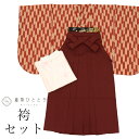 【中古】 二尺袖 袴 セット 化繊 小振袖 裄68.5cm 身丈169.5cm LL 赤 茶色系 矢絣文様 長襦袢 半幅帯付き 袴下帯 卒業式 コーディネート ...