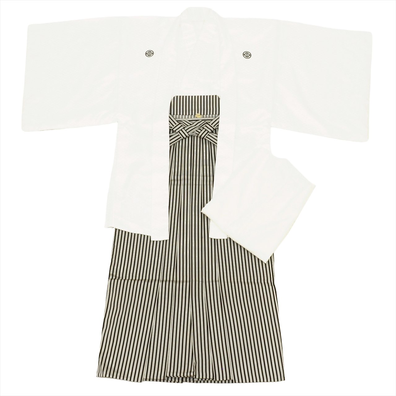 【中古】 紋付袴 セット 着物 羽織 袴 長襦袢 男性 リサイクル着物 化繊 裄76cm 身丈148.5cm LL 白色系 半衿 重ね衿付き 五つ紋 メンズ 紋付き袴 男性用袴 アンサンブル tt1111b