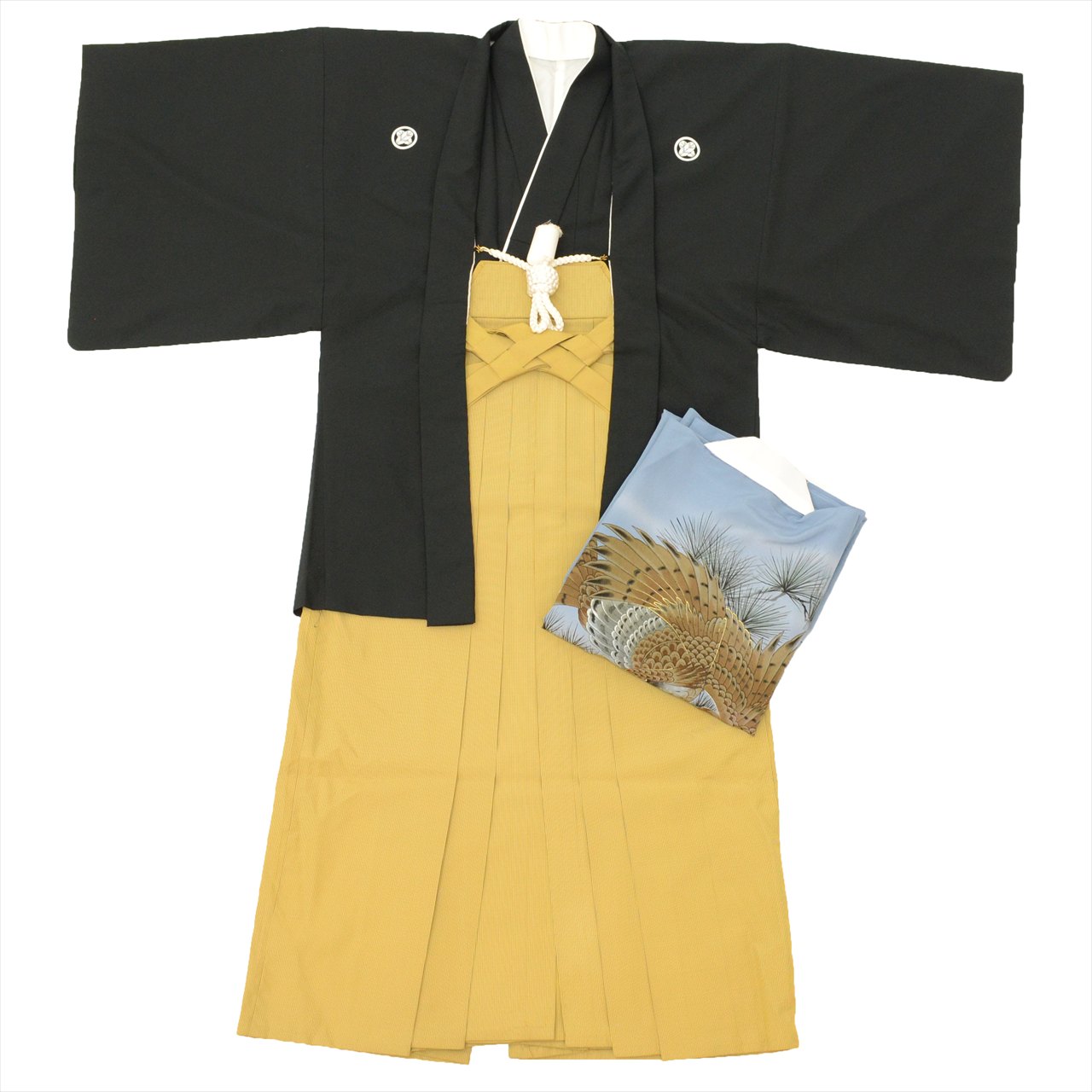 【中古】 紋付袴 セット 黒紋付 着物 羽織 袴 長襦袢 男性 リサイクル着物 化繊 身丈138.5cm M 裄70cm 黒色系 半衿 重ね衿 羽織紐付き 五つ紋 メンズ 男性用袴 アンサンブル tt1146b