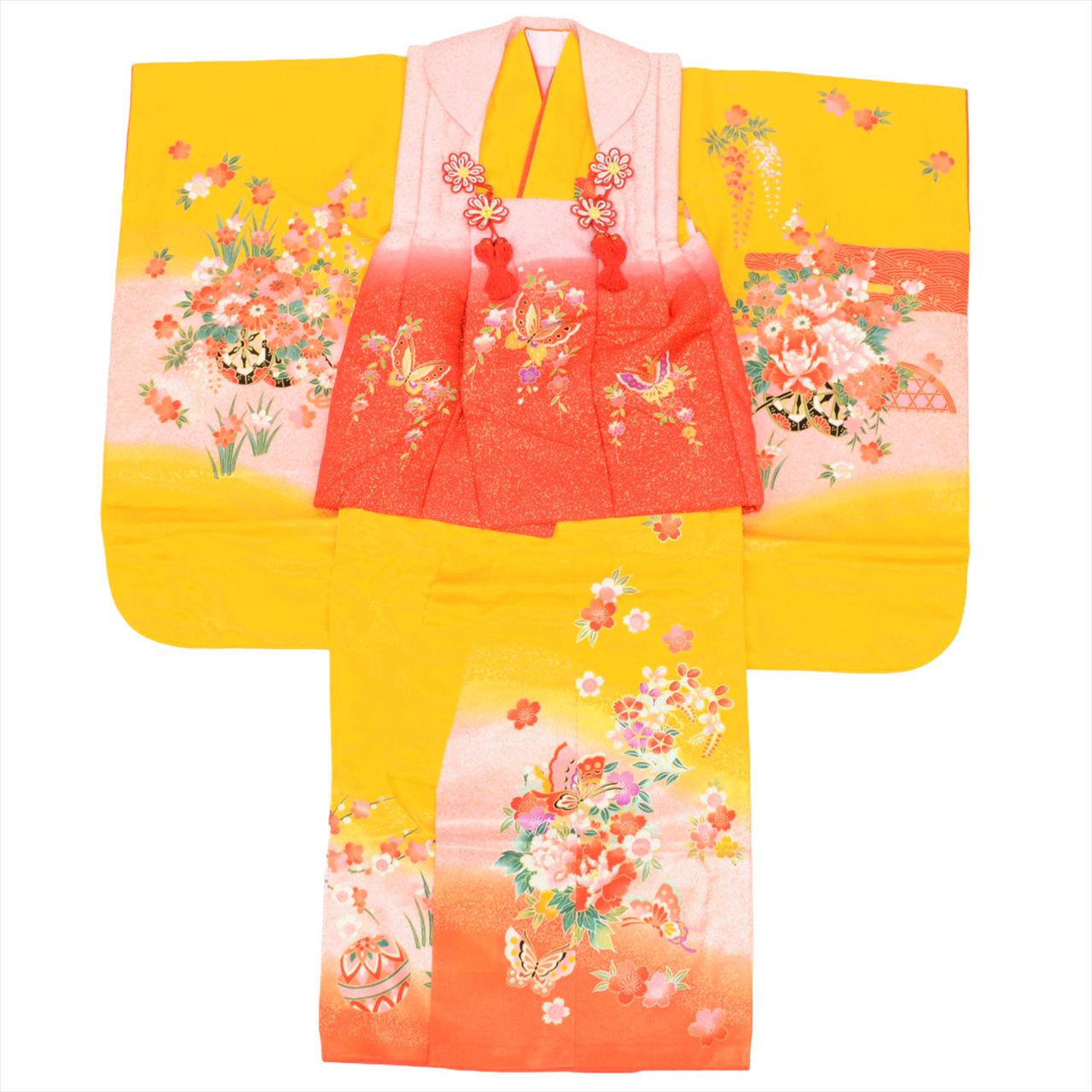 ＼10%オフクーポン+P2倍／ 【中古】 七五三 女の子 3歳 3点セット 着物 被布 長襦袢 化繊 仕立て上がり 身丈97cm 裄丈41.7cm 赤 ピンク 黄色系 蝶 花文様 重ね衿付き 半衿付き お祝い着 子供 キッズ ガール tt1281b[ 和服 節句 子供 アウトレット きもの kimono ]