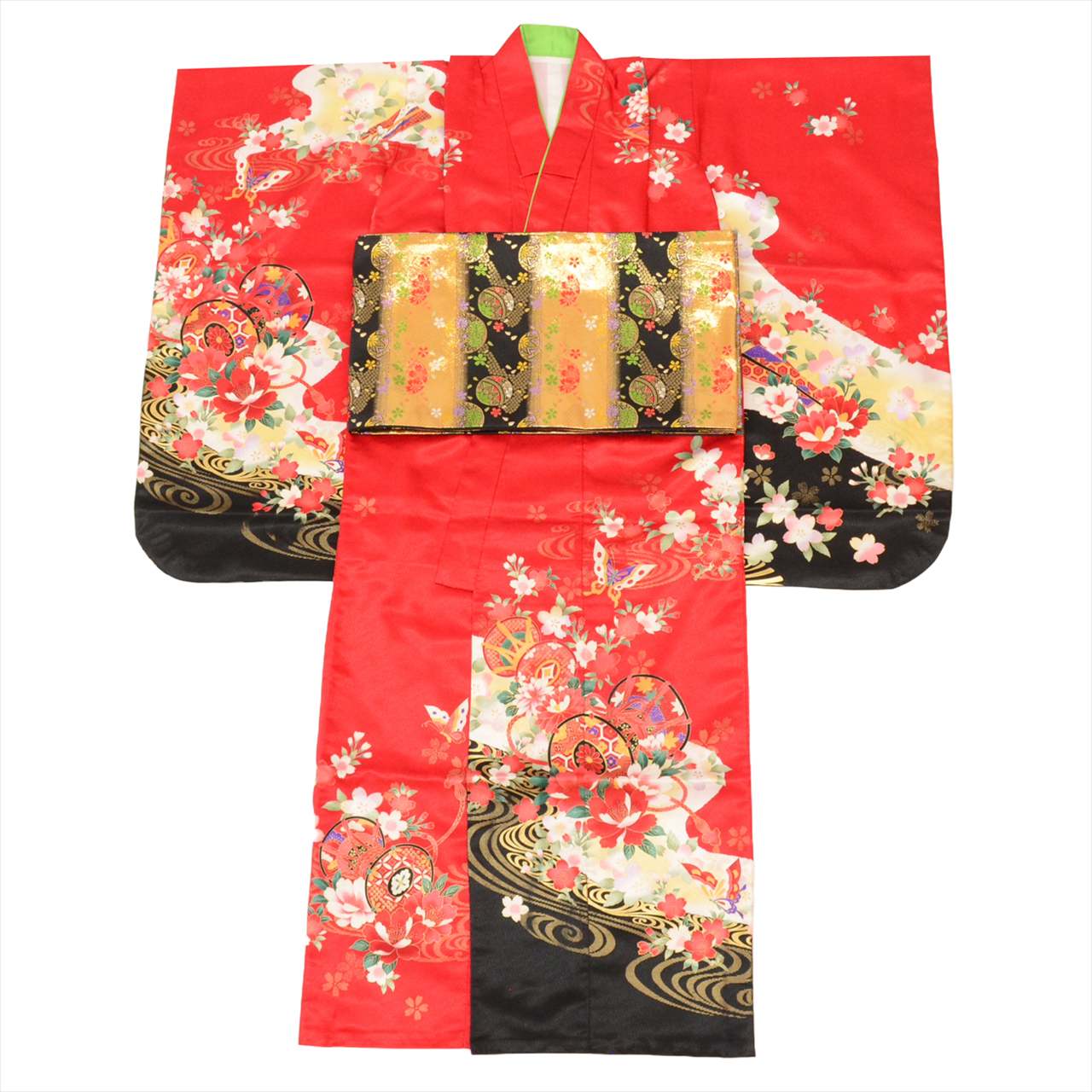 ＼10%オフクーポン+P2倍／ 【中古】 七五三 女の子 7歳 2点セット 化繊 着物 帯 美品 仕立て上がり 身丈153cm 裄丈54cm 赤色系 花文様 お祝い着 和柄 tt1811b[ 和服 節句 子供 アウトレット きもの kimono ]