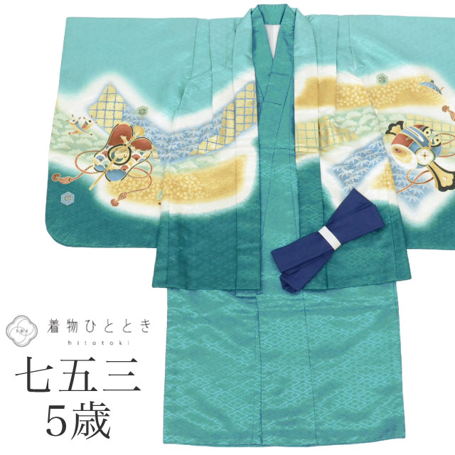 【中古】 七五三 男の子 5歳 2点セット 化繊 着物 羽織 美品 仕立て上がり 身丈104cm 裄49cm 緑色系 鷹文様 刺繍 金糸 和柄 和装 tt188...