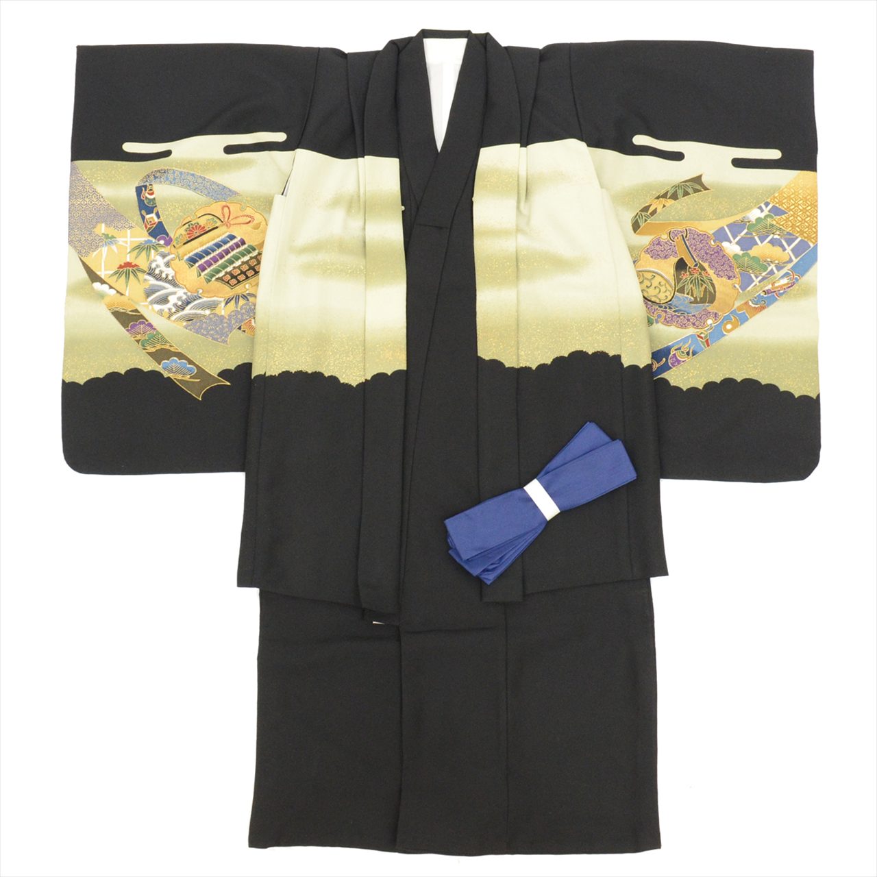 ＼P5倍+最大5500円OFFクーポン／ 【中古】 七五三 男の子 5歳 2点セット 化繊 着物 羽織 仕立て上がり 身丈99cm 黒色系 裄丈47cm 鷹文様 金彩 和柄 和装 tt2028b[ 和服 節句 子供 アウトレット きもの kimono ]