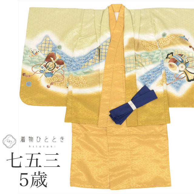 【中古】 リサイクル着物 七五三 男の子 5歳 2点セット 化繊 着物 羽織 美品 仕立て上がり 裄丈46cm 身丈90cm 白 青 金 黄土色系 鷹 小槌文様...