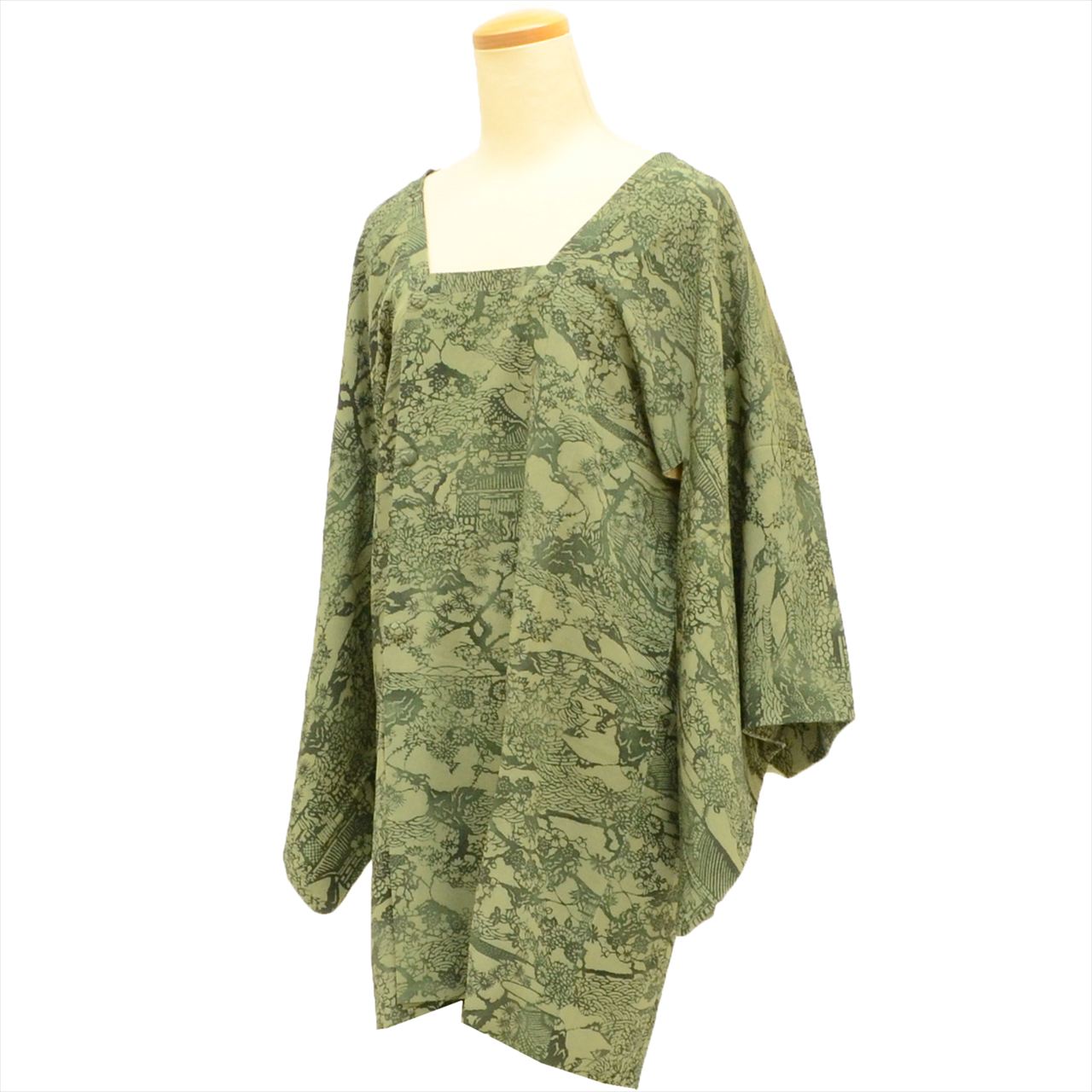 【中古】 道行コート 正絹 身丈87cm 裄64cm 緑色系 風景文様 リサイクル着物 道行衿 tt1782b[ 和服 カジュアル着物 アウトレット レトロ アンティーク プチプラ お洒落 普段着 お稽古 アウトレット きもの kimono ]