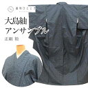 【中古】 道中着 アンサンブル 大島紬 女性 正絹 身丈155cm S 裄63cm 紺色系 亀甲 菊文様 レディース tt1625b[ 和服 カジュアル着物 ア...