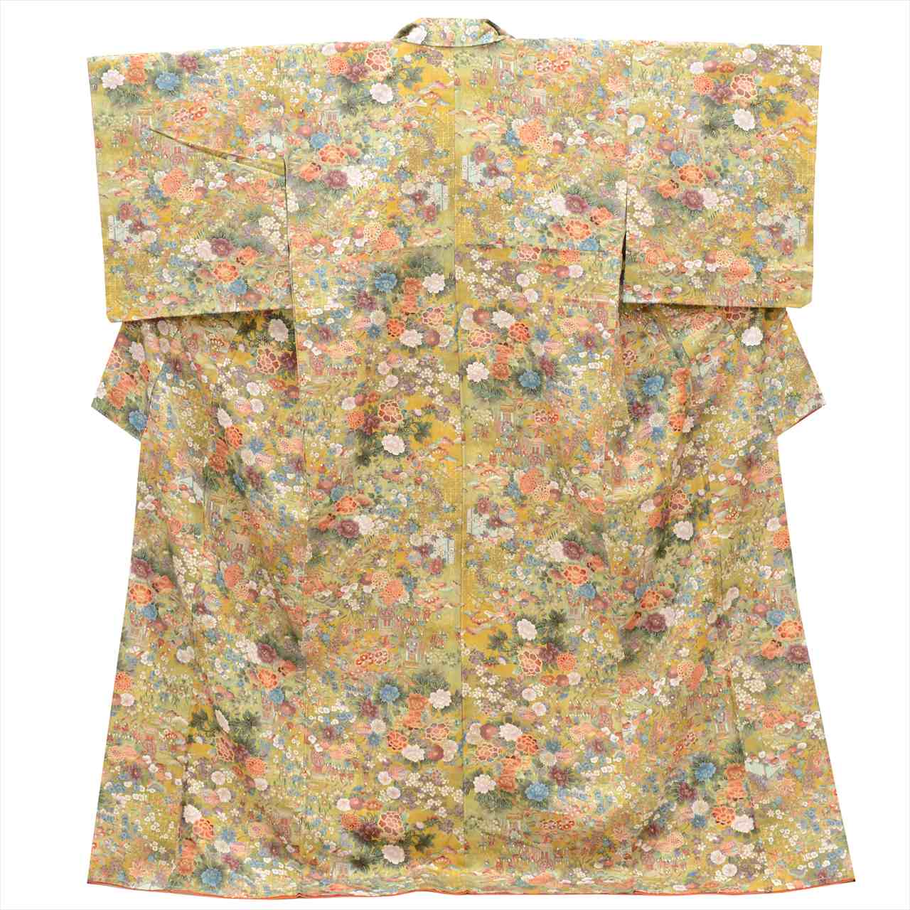 ＼ スーパーSALE限定×30％OFF ／ 【中古】 小紋 リサイクル着物 化繊 身丈165cm L 裄66.5cm 黄色系 花 平安絵巻文様 袷 上質 セミフォーマル 春 夏 秋 冬 仕立て上がり