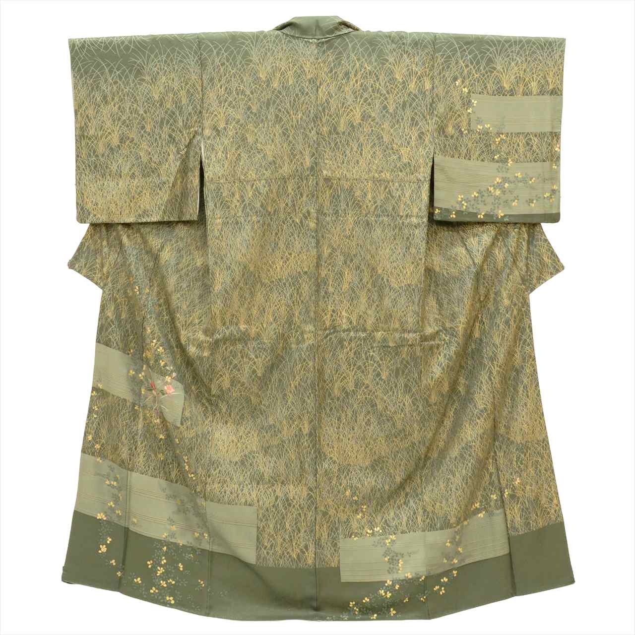【中古】 訪問着 リサイクル 着物 付下げ 正絹 身丈155cm S 裄64.7cm 仕立て上がり 緑色系 草花文様 金彩 刺繍 袷 【 和服 入学式 卒業式 入園 お茶会 お茶席 茶道 結婚式 お宮参り 送料無料 アウトレット 】 tt2198b