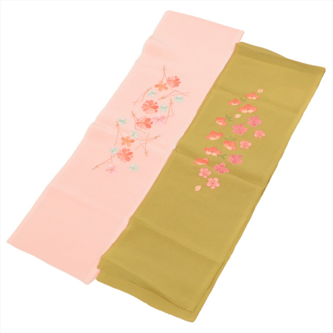 ＼クーポン利用で最大15%OFF+P5倍／ 【中古】 半衿 2点セット リサイクル半襟 未使用品 緑 ピンク色系 花文様 振袖 長襦袢 刺繍 女性 着付け小物 着物 和装小物 kkb3518b[ 和服 成人 卒業式 お祝い 結婚式 パーティー 謝恩会 初詣 アウトレット きもの kimono ]