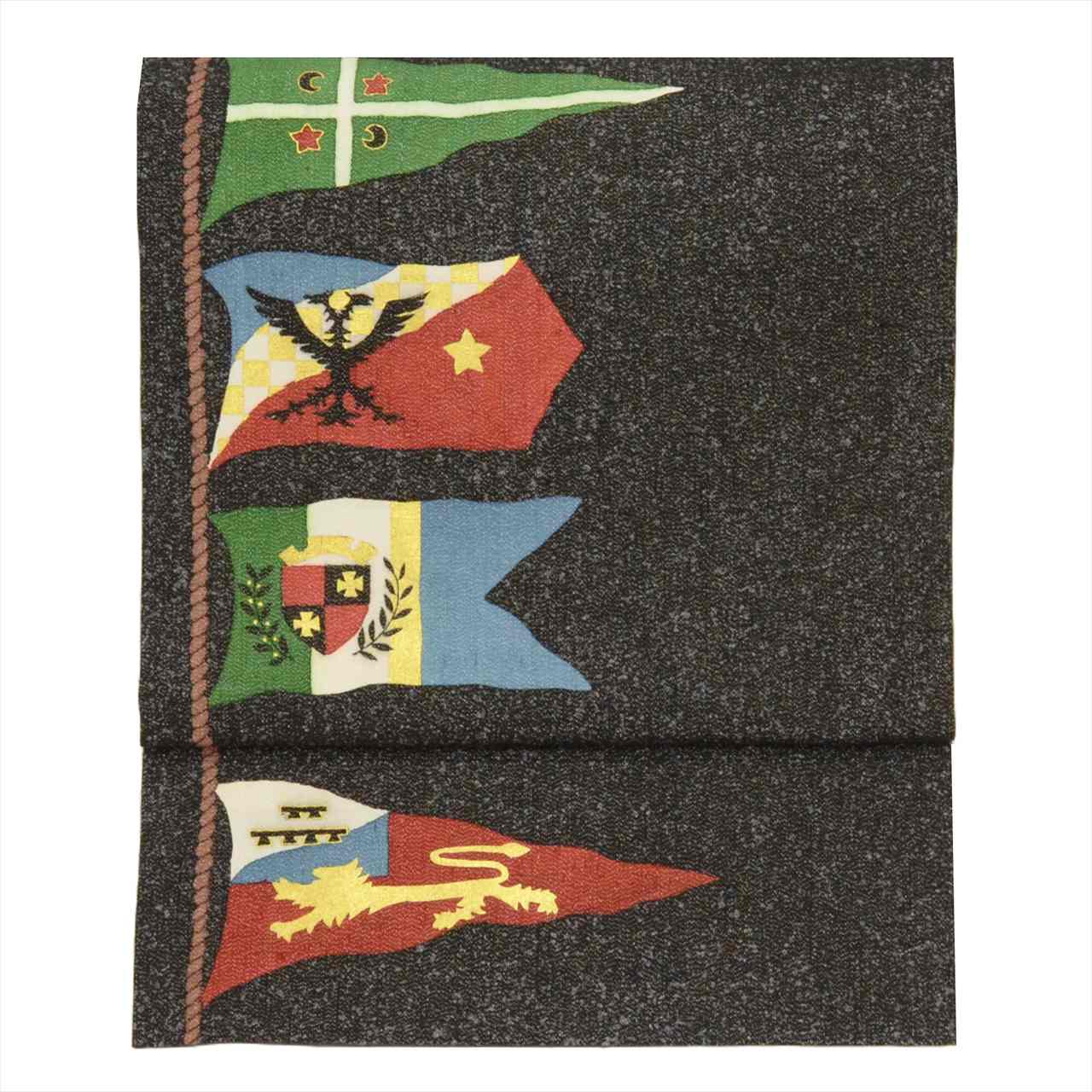 【中古】 リサイクル 袋帯 正絹 仕立て上がり リサイクル袋帯 黒色系 旗文様 お太鼓柄 証紙有 手描き友禅 裏面 本場結城玉紬 洒落袋 金彩 tt2596b [ 和服 カジュアル着物 アウトレット レトロ アンティーク プチプラ お洒落 普段着 お稽古 アウトレット きもの kimono ]