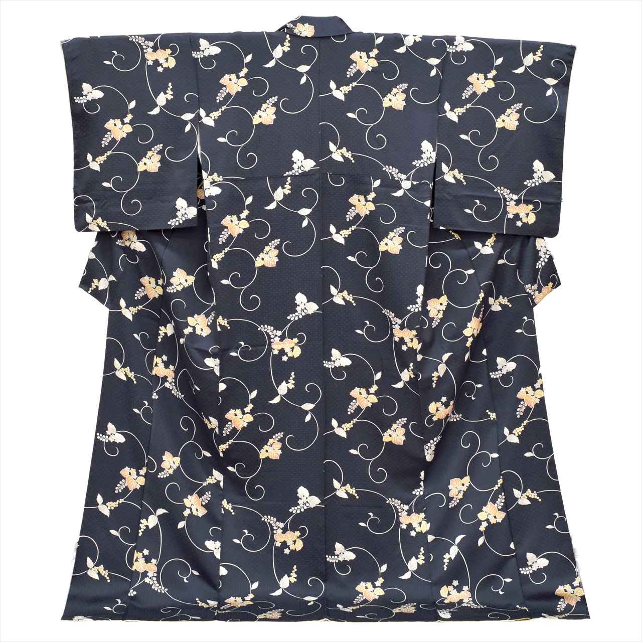 【中古】 小紋 袷 正絹 身丈172cm LL 裄69cm 紺色系 桐文様 リサイクル着物 仕立て上がり 美品 tt2610b
