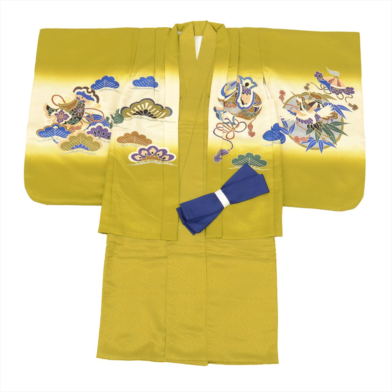 【中古】 七五三 男の子 5歳 2点セット 化繊 着物 羽織 仕立て上がり 中古 身丈89cm 裄丈44.5cm 緑色系 鷹文様 金彩 和柄 和装 uu0189b