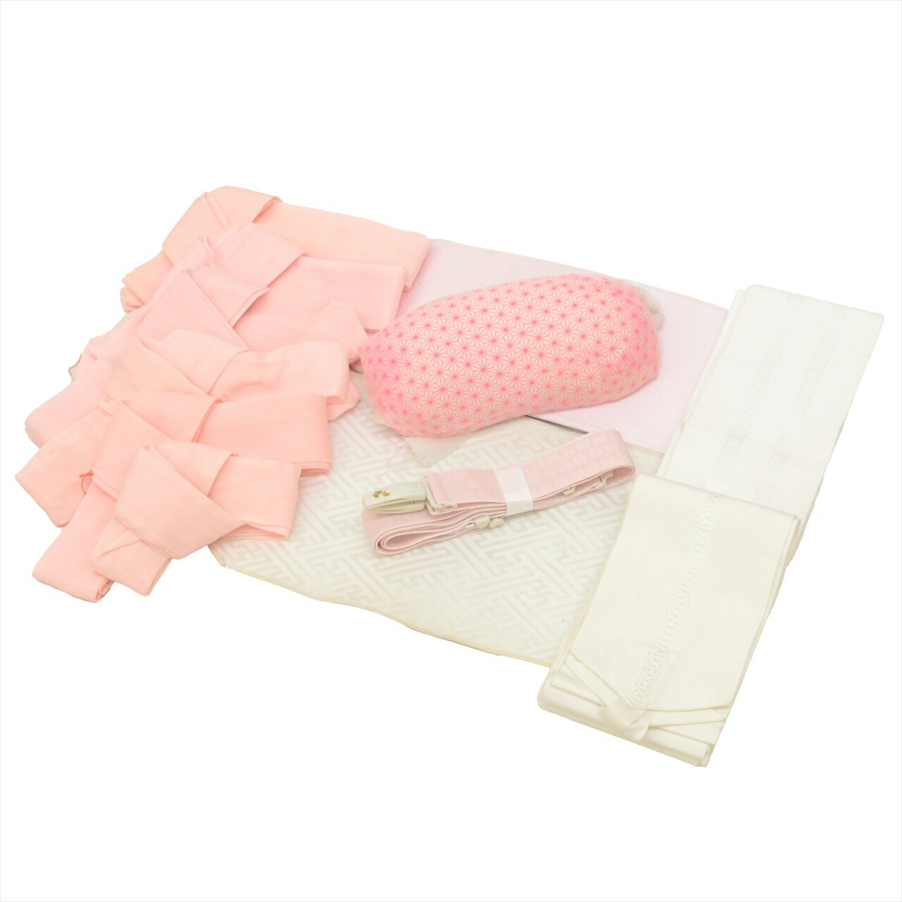 【中古】 着付け小物 12点セット 掛下 リサイクル着物 白色系 ピンク色系 腰紐6本 伊達締め2本 帯板 帯枕 和装小物 女性 中古 着物 kkb3667b