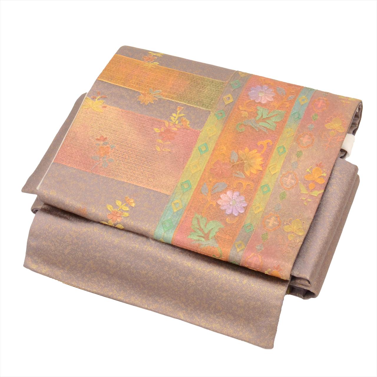 ＼全品ポイント10倍＆10％OFFクーポン／ 【中古】 袋帯 正絹 作り帯 付け帯 美品 仕立て上がり リサイクル帯 紫色系 花文様 二重太鼓 お太鼓柄 螺鈿 金彩 tt2736b [ 帯 留袖 訪問着 付け下げ 結婚式 茶席 礼装用 略礼装 和装 おび obi ]