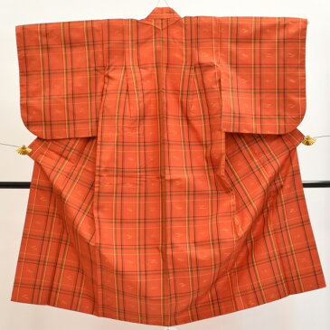 【中古】 リサイクル着物 羽織 着物 子供 着物 アンサンブル 着物 リサイクル 羽織 正絹 大島黄八丈風 格子 セット 5歳 3歳 琉球絣風文様 hh222【着物ひととき】 お中元