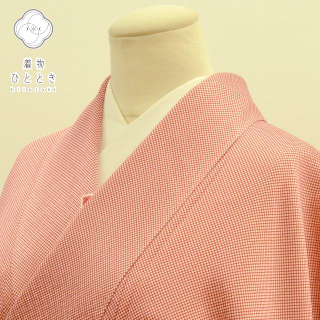 ＼50%オフクーポン+P2倍／ 【中古】 小紋 リサイクル着物 反物 正絹 綸子 こもん 絞り ピンク 水玉文様 裄65.サイズS〜M 上質 セミフォ..