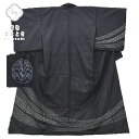 【中古】 リサイクル着物 身丈164cm 裄丈69.5cm リサイクル 紬 縦節紬 正絹 特選 縦節 刺し子 一つ紋 黒系トールサイズ 美品 ちょっとふくよか ...