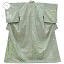 【中古】 訪問着 中古 リサイクル着物 身丈160cm 裄丈66cm 白山紬 正絹 仕立て上がり つむぎ 特選 落款付 作家物 霰文様 草花文様 美品 緑系 裄...