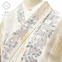 【中古】 紬 リサイクル着物 身丈163cm 裄丈64cm 白山紬 正絹 つむぎ 特選 草花文様 縞文様 白系 裄Mサイズ 身丈Lサイズ トールサイズ [ 着物...