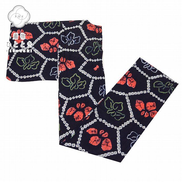 【中古】 リサイクル着物 浴衣 身丈157cm 裄丈67cm 単品 レディース 夏物 絞り 綿 夏祭り 花火大会 Mサイズ 紺色系 植物文様 特品 [ 着物 中...