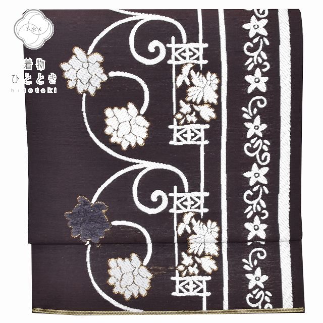 ＼クーポン利用で15%OFF/【中古】袋帯 中古 正絹 ふくろおび 仕立て上がり 中古 帯 花唐草文様 茶系 特品★★★★[ 帯 留袖 訪問着 付け下げ 結婚式 茶席 礼装用 略礼装 和装 おび obi ] pp0573b