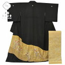 【中古】 リサイクル着物 黒留袖 正絹 仕立て上がり 袋帯 セット 結婚式 フォーマル 裄68cm L 身丈164cm L ちょっとふくよかL 草花文様 特品★...