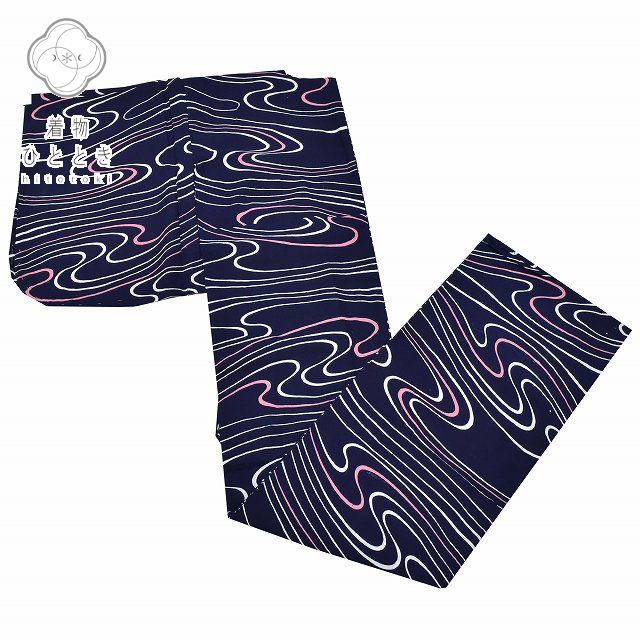 【中古】 リサイクル着物 浴衣 身丈150cm 裄丈62.5cm 単品 レディース 夏物 綿 コーマ地 注染染め 夏祭り 花火大会 S 紺系 流水文様 特品 [...