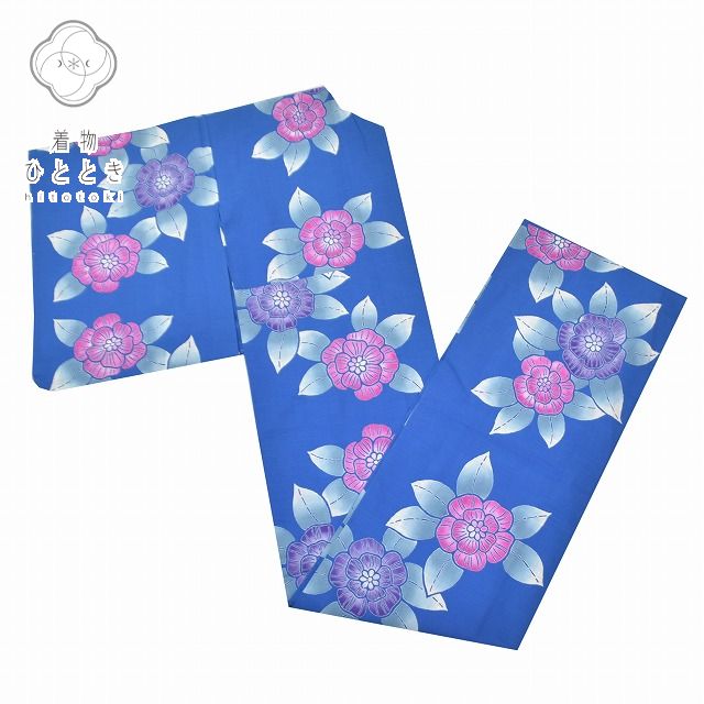 【中古】 リサイクル着物 浴衣 身丈169.5cm 裄丈65.5cm 単品 レディース 夏物 綿 注染染め 未使用品 夏祭り 花火大会 LL 青系 椿文様 特品...