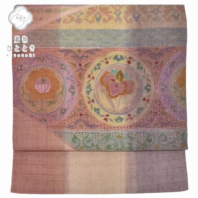 【中古】 袋帯 リサイクル 正絹 フォーマル 仕立て上がり 着物 スワトウ刺繍 紬地 美品 洒落袋 茶 紫系..